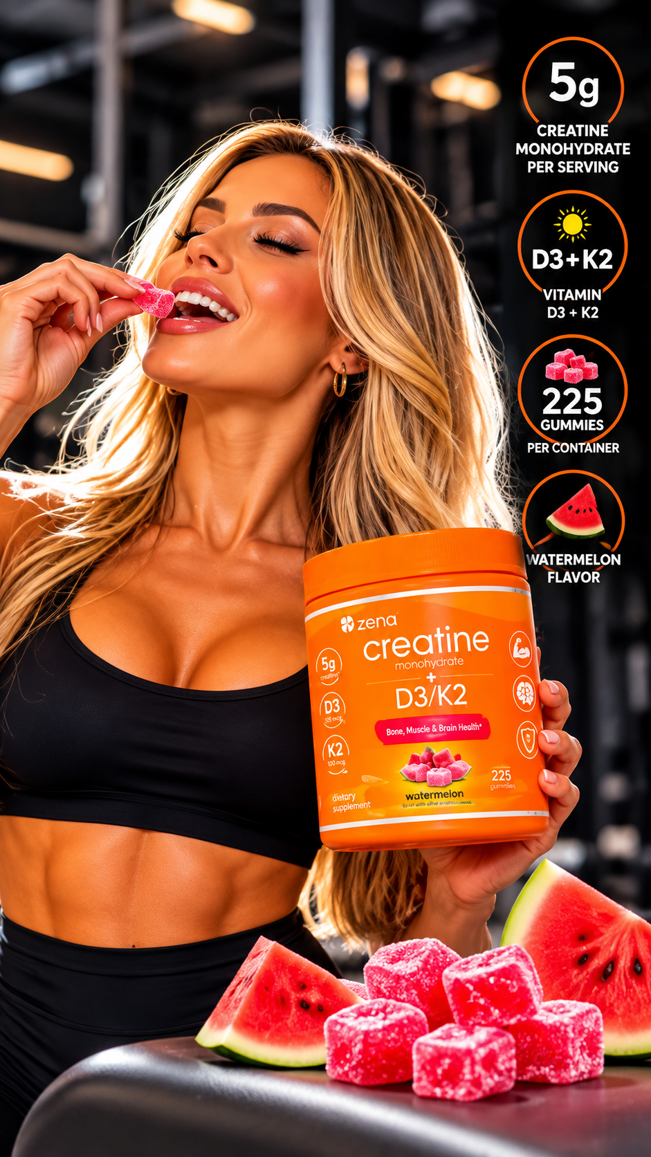 Zena Creatine Gummies + D3 + K2 Watermelon 225 Gummies
